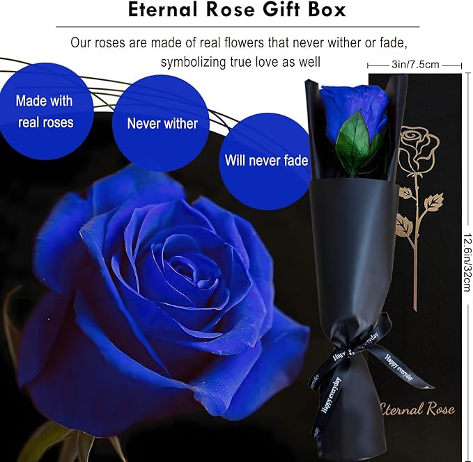 WILLSHINE Eternal Rose with Stem,Single Real Preserved Rose Gift Box,Forever Blue Flower Stems Bouquets for Women,Mum,Wife,Girlfriend,Valentine's Day,Mother's Day,Chirstmas,Birthday,Aniversary Gift