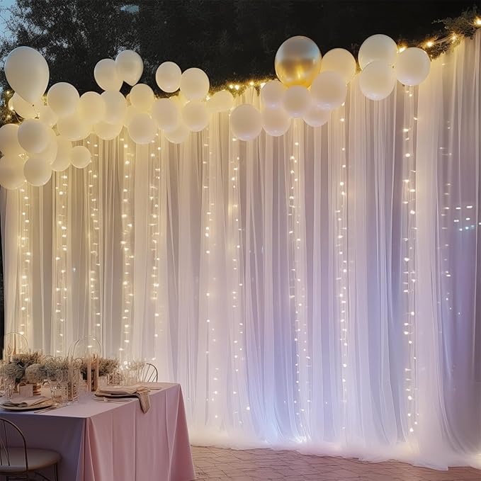 30ft x 10ft White Backdrop Curtain with Lights for Parties, Sheer Wedding Photo Backgrounds Tulle Drapes for Baby Shower Birthday Party Decorations Backdrop for Photography