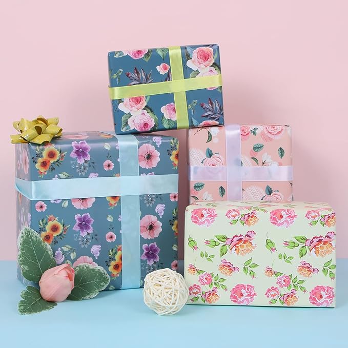Aimyoo Blue Floral Wrapping Paper Jumbo Roll 17 in x 60 ft, All Accasion Pink Flower Gift Wrap for Wedding Birthday Bridal Shower