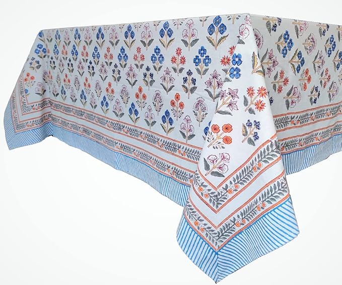 ATOSII Flora Bloom 100% Cotton Square Boho Fall Tablecloth, Handblock Floral Table Cloth Linen for Kitchen Dining I Parties Wedding Outdoors Christmas Thanksgiving I Fall Home Decor 60 X 60 Inches