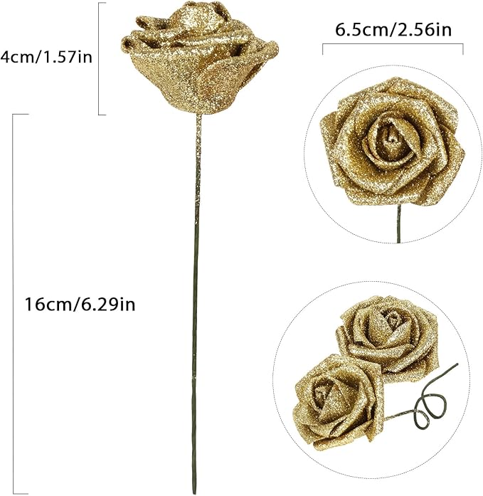 Gold Glitter Roses 30pcs Gold Roses 2.56" Glitter Flowers Artificial Roses with Stems for Centerpieces Wall Decorations Wedding Ceremony Bridal Shower Table Floral Arrangement (Gold)