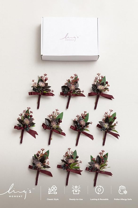 Ling's Moment Boutonniere for Men, 10pcs Groomsmen Guest Boutonniere, Artificial Flowers for Wedding Décor/Prom/Homecoming,etc.Black Baccara Burgundy