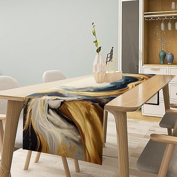 Marble Horse Table Runner, Dark Green Brown Marble Abstract White Horses Gold Natural Texture Dinner Runner Table Decoration for Home Kitchen Dining Holiday Party 13x108in