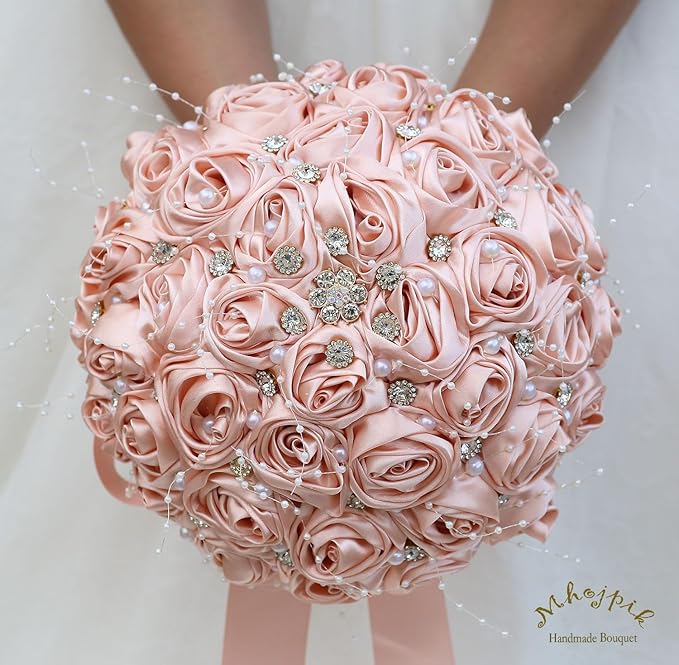 Bridal Wedding Bouquet Round Bling Brooch Bouquet Throw Toss Artificial Rose Flower Bunch for Bride Bridesmaid Wedding Quinceanera(Peach Pink, 6.3")
