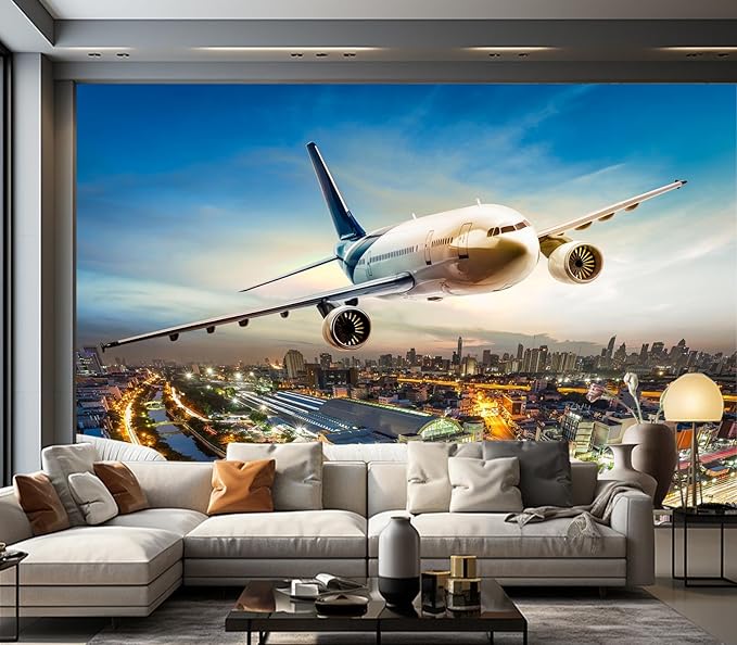 Cliouar-Airplane Flying Over The Night City Wall Mural Wallpaper Peel and Stick 137" x 102"