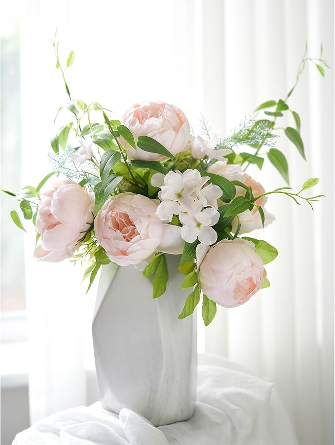 FiveSeasonStuff Soft Peach Pink Vintage Artificial Peonies Silk Flowers and Hydrangeas for Wedding Bridal Home Decor – Beautiful Floral Centerpiece Bouquet (Tender Petal)