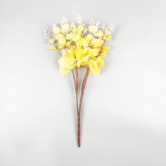 19" Faux Flowers Artificial Silk Silver Dollar Eucalyptus Stems Fake Plant for Vase Home Wedding Decor 3 Pcs (Yellow)