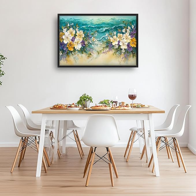 Beach Floral Large Wall Art Coastal Flower Pictures Wall Decor Summer Canvas Seascape Print Painting Modern Artwork Home Decoration for Living Room Bathroom Bedroom Office Framed 36"x24"