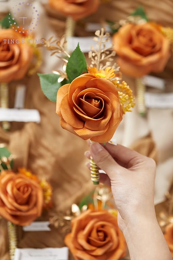 TINGE TIME Boutonniere for Men Wedding,Groom and Best Man Boutonniere for Wedding Ceremony Anniversary, Formal Dinner Party and Rustic Spring Wedding Marriage (10, Miami Burnt Orange)