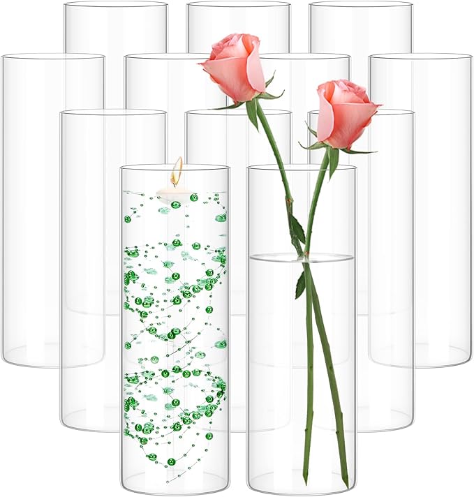 12 Pack Glass Cylinder Vases 10 Inch Tall Clear Flower Vase for Centerpieces, Hurricane Floating Candle Holder Wedding Decorations, Floral Vase Bulk for Table Shelf Party Home Deco (10 x 3.35 Inch)