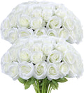 Artificial Rose Flower Artificial Flowers Flower with Long Stem Silk Roses Bouquet for Wedding Bridal Shower Party Home Decoration (White, 50 Pcs)