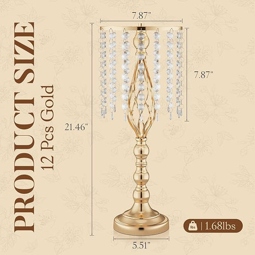 12 Pcs 21.7 Inch Tall Gold Centerpieces For Table Wedding-Metal Flower Gold Vases For Centerpieces For Wedding Reception With Crystal Fringe-Flower Stand For Wedding, Birthday(Centros De Mesa)