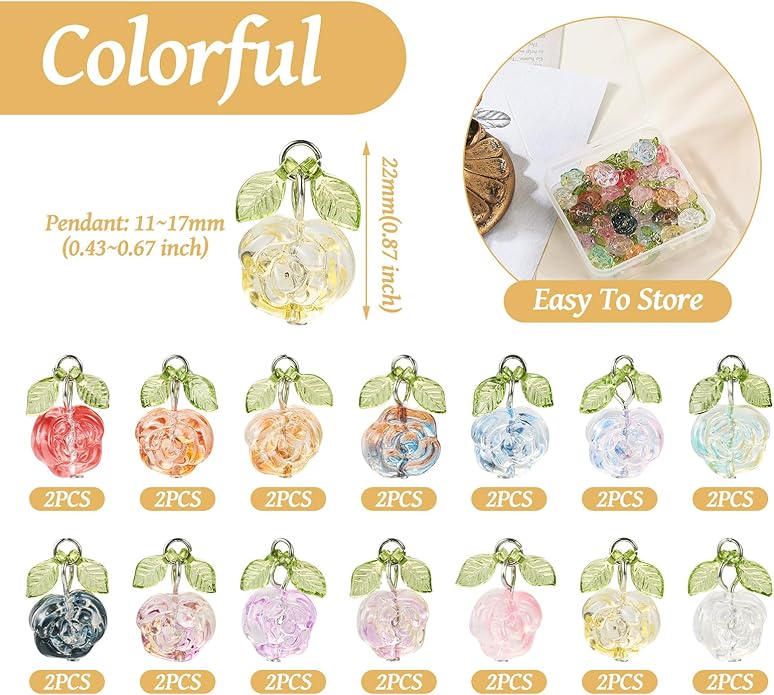 Beadthoven 28pcs Crystal Glass Rose Flower Charms 14 Colors Glass Flower Pendants Mini Rose Dangle Charms Jewelry Making Findings for DIY Earrings Bracelets Necklaces Women