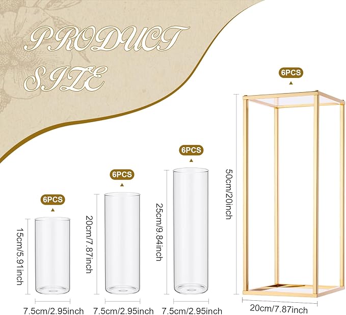Sieral 6 Sets Wedding Clear Acrylic Flower Vase Include 6 Pcs Centerpieces Flowers Stand 18 Pcs Clear Glass Candle Holders Cylinder Vases, Flower Vases for Table Centerpiece Wedding Home Decor