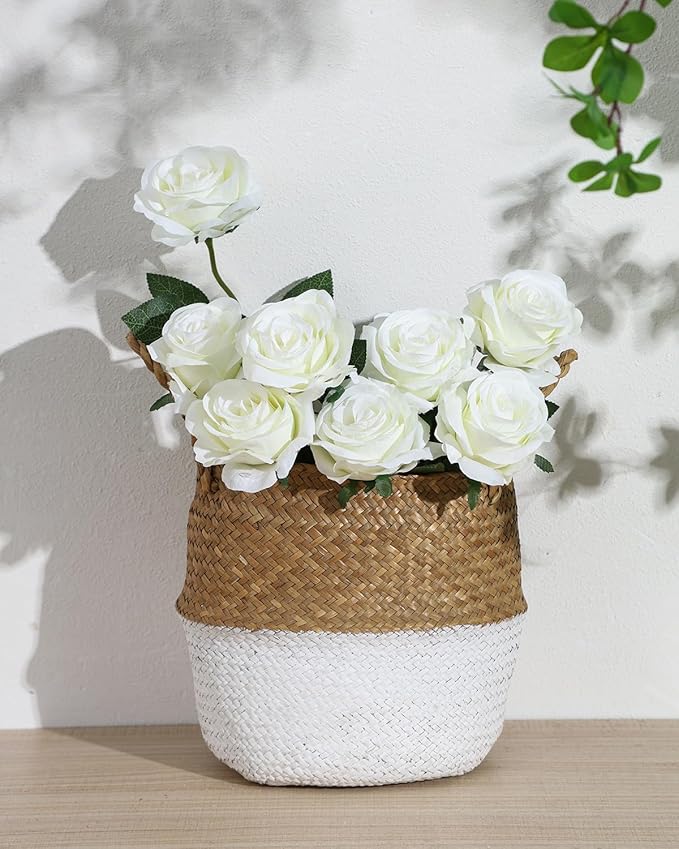 LFF 10pcs Silk Roses Artificial Flowers Fake Long Stem Roses for DIY Wedding Bouquet Home Decoration (Ivory)
