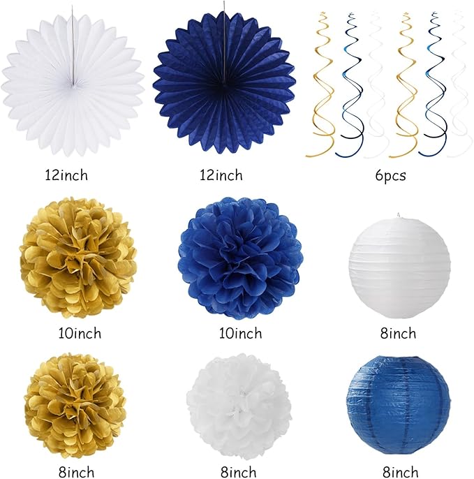 Royal-Navy Blue White Happy-Birthday Party-Decorations - 31pcs Men Women Boys Girl Paper Lanterns Streamers Banner,Gold Tissue Flowers Pom Poms Fans Tassels Graland Decor Supplies Hugmoon