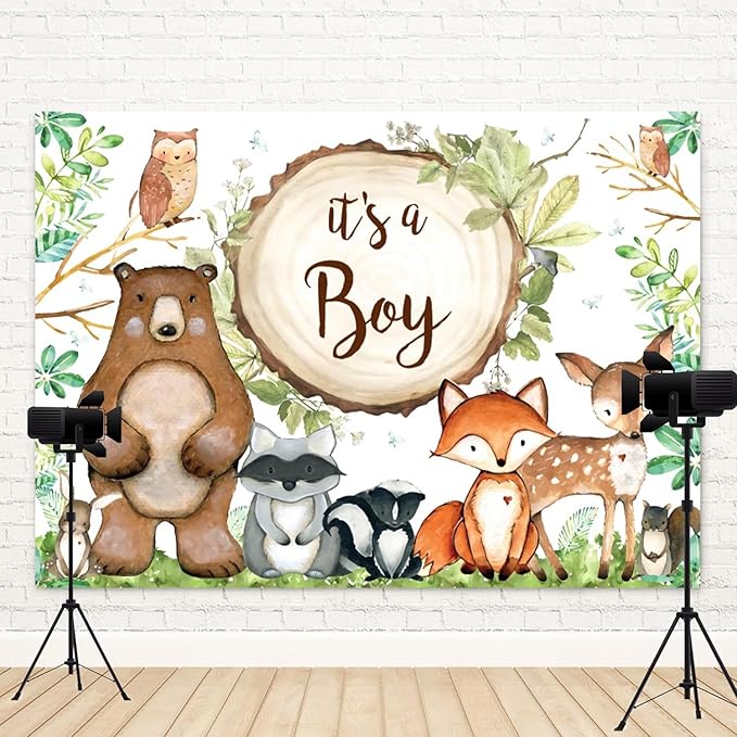 9x6ft Woodland Baby Shower Backdrop It's a Boy Photography Background Jungle Green Grass Leaves Animals Bear Fox Deer Baby Boys Party Banner Decorations Newborn Portrait Photo Booth Prop