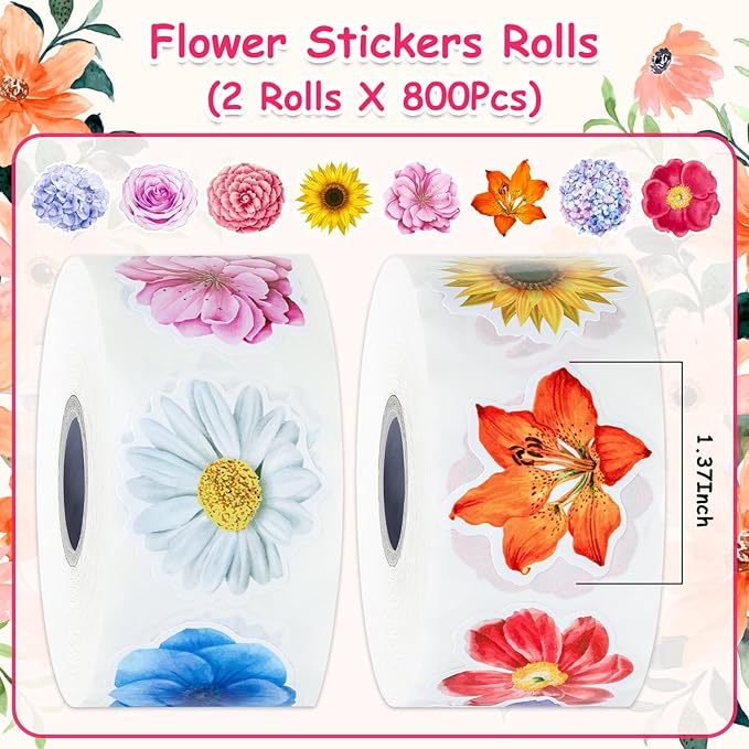 1200Pcs Flower Stickers, Flower Stickers Roll for Kids, Flower Roll Sticker for Scrapbooks, Water Bottle, Present Boxes Decorations(16 Styles)