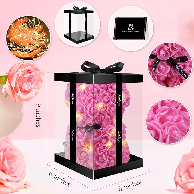 Otlonpe Cute Bear Rose Flower with Light | Women Gifts & Indoor Table Decorations for Christmas, Valentines, Mothers Day, Birthday, Anniversary | Handmade Gifts for Women Mom Wife Girlfriend (Pink)