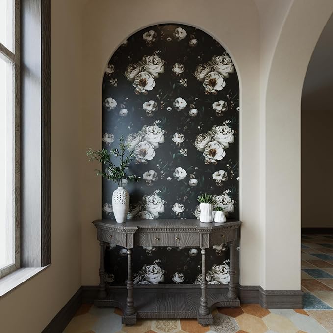 Dark Floral Wallpapr Peel and Stick Boho Wallpaper 17.5in x 118in Black Contact Paper Waterproof Self Adhesive Vintage Large Floral Wall Paper for Bedroom Walls Cabinet Decor