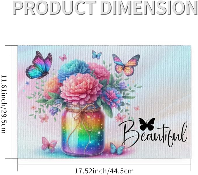 PVC Placemats Set of 1 Rainbow Flower Butterfly Wipeable Table Mats Washable Heat Resistant Non Slip Vinyl Dining Table Mat for Kithen Indoor Outdoor Patio Farmhouse Place Mats Decorative