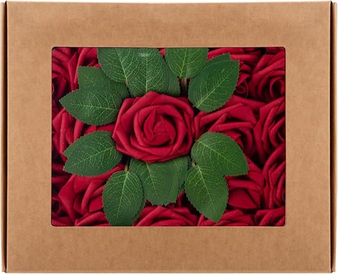 Cliselda 100Pcs Red Fake Roses Artificial Flowers with Stems, Valentine's Day Gifts, Real Touch Foam Rose Bulk Faux Flowers for Wedding Bouquets Centerpieces Flower Arrangement