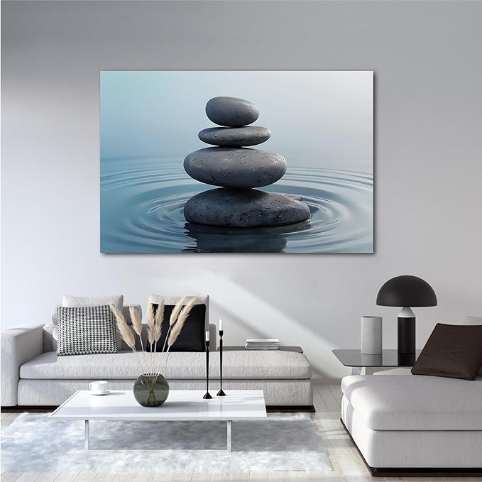 Zen wall art Harmonious grey stones stacked on a calm surface of water Serene Zen decor suitable for tranquil homes and spaces of meditation 8x12in Wood Framed