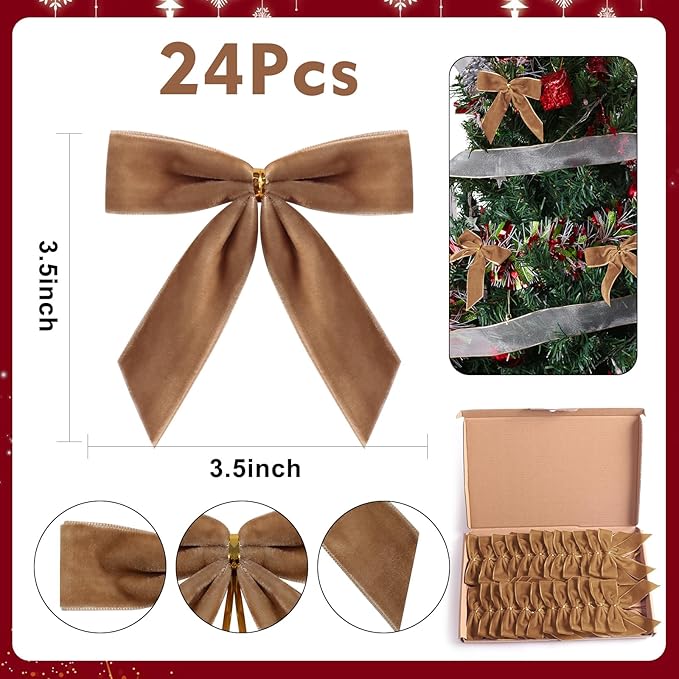 24 Pcs Champagne Brown Small Velvet Christmas Bows for Christmas Tree, Wreath, Gift Wrapping, Crafts, Wedding, Party, Twist Tie Bows for Treat Bag Bakery Candy Bags 1" W,3.5 x 3.5 inch