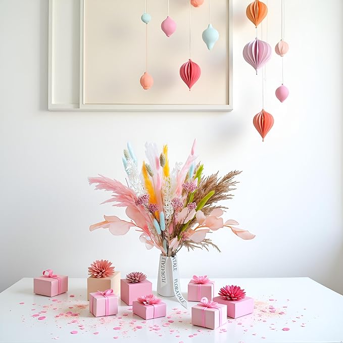 Pastel Dream Dried Flower Bouquet (No Vase) | 17'' Mini Floral Arrangement with Pink Pampas, Bunny Tail, Reed Grass & More Natural Dried Flowers – Home Wedding Decor Centerpiece