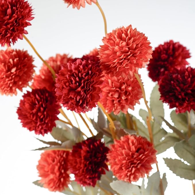 6 Artificial Silk Flowers + 3 Eucalyptus, Artificial Chrysanthemums with Stems for Home Decor,Bumnt Orange and Red Mix