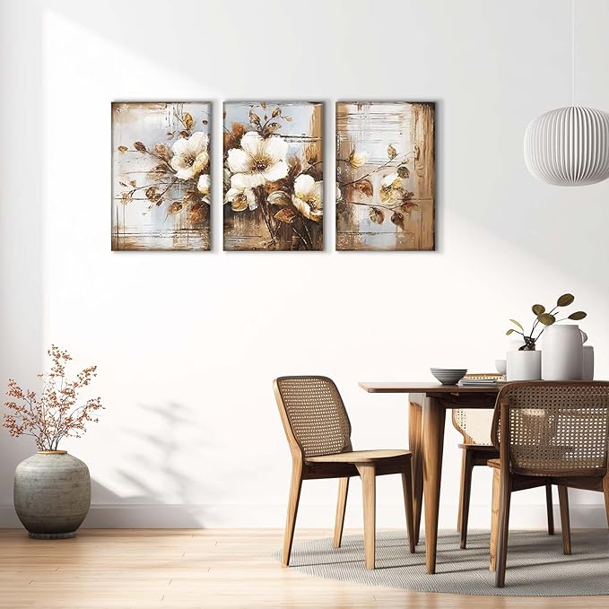 YCJKJDZ Dark Floral Wrapped Canvas Wall Art Set of 3, Neutral Fall Plant Bohemian Vintage Moody Flower Wall Decor Artwork for Farmhouse Bedroom Living Room Office, 16x24 inches