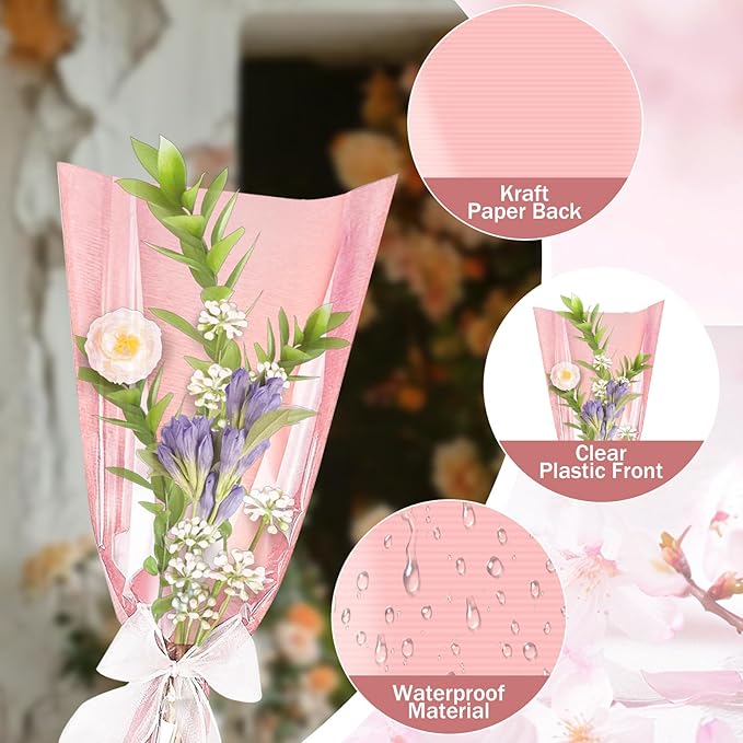XABMU Pink Flower Bouquet Bags - 50 Pack Pink & Clear Floral Wrapping Sleeves for Wedding, Graduation, Mother’s Day Gifting & Florist Supplies