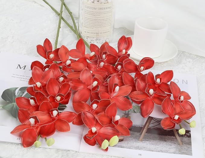 IPOPU Red Artificial Orchid 5 Pcs Latex Real Touch Orchid Fake Flowers Vase Filler for Home Decor Living Room Patio Wedding and Engagement Centerpiece