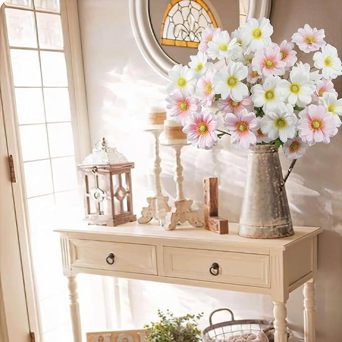 6 Pcs Artificial Flowers with Stems Faux Daisy Flowers Bouquet Pink Gardenia Silk Flowers for Home Decor Indoor Vase Outdoors Balcony Table Centerpiece Outside Floral Arrangements Wedding