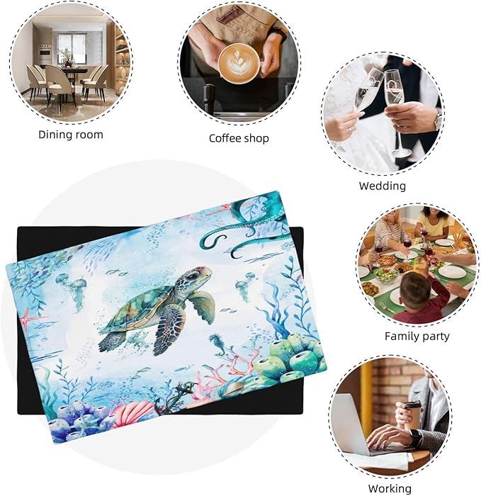 Turtle Ocean Placemats, Cartoon Blue Watercolour Ocean Coral Shell Seahorse Octopus Starfish Animal Print Washable Fabric Placemats Table Kitchen Dining Party 12x18 Inch Set of 4