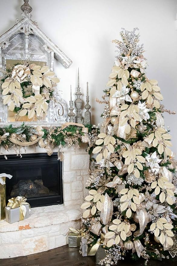 Briful Champagne Magnolia Leaves Branches, 6 Pack 28.7in Faux Magnolia Leaves Stems Artificial Christmas Greenery Branches for Xmas Home Vase Floral Arrangement