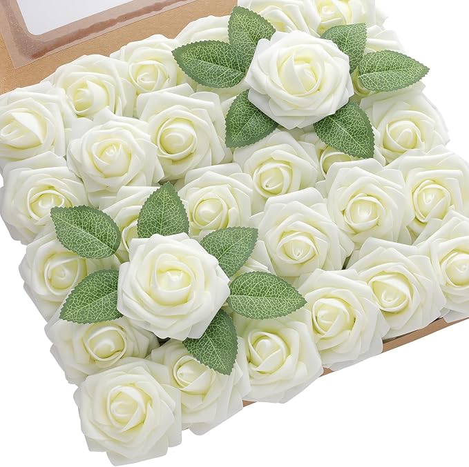 DerBlue 60pcs Artificial Roses Flowers Real Looking Fake Roses Artificial Foam Roses Decoration DIY for Wedding,Arrangements Party Home Decorations