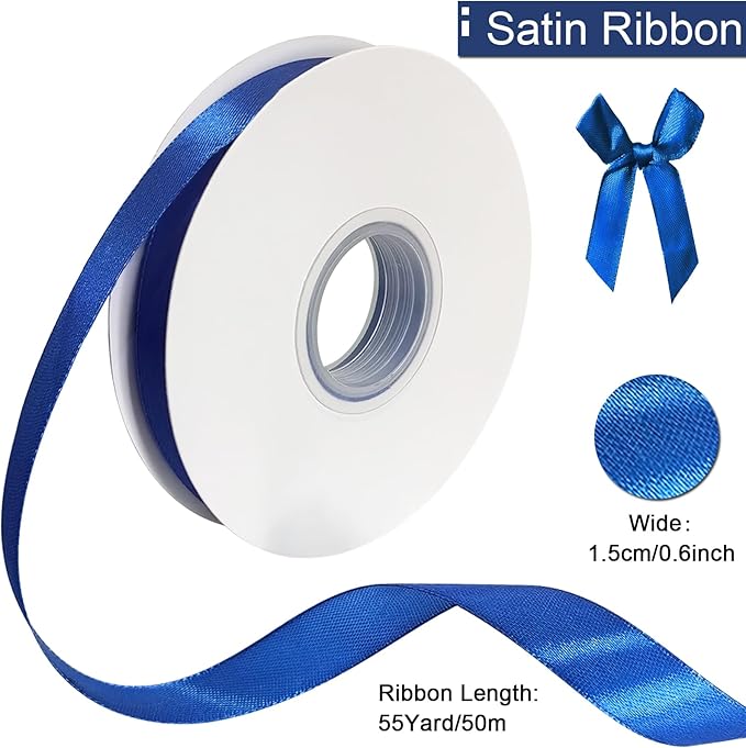 Blue Satin Ribbon 3/5 inch x Continuous 55 Yards Royal Blue Ribbons for Crafts Gift Wrapping Bow Wedding Decoration, Blue Ribbon for Flower Bouquet Christmas Halloween Party