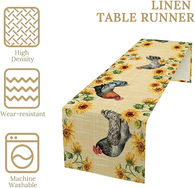 Rooster Sunflower Table Runner Vintage Farm Chicken Flower Dinner Runner for Country Farmhouse Home Kitchen Dinner Table Party Decoration 13x60in
