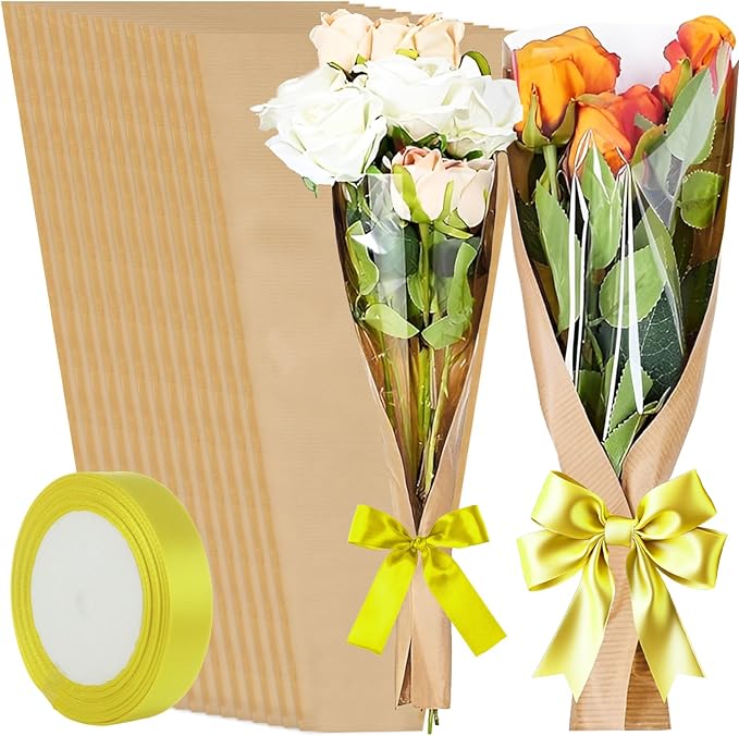 ACXFOND 100Pcs Flower Bouquet Bags, Kraft Flower Bags Bouquet Wrapping Paper with Ribbons for Florist Supplies Wedding Birthday Mother's Day, Teacher, Graduation Gift 9.4x3.5x17.9 Inches