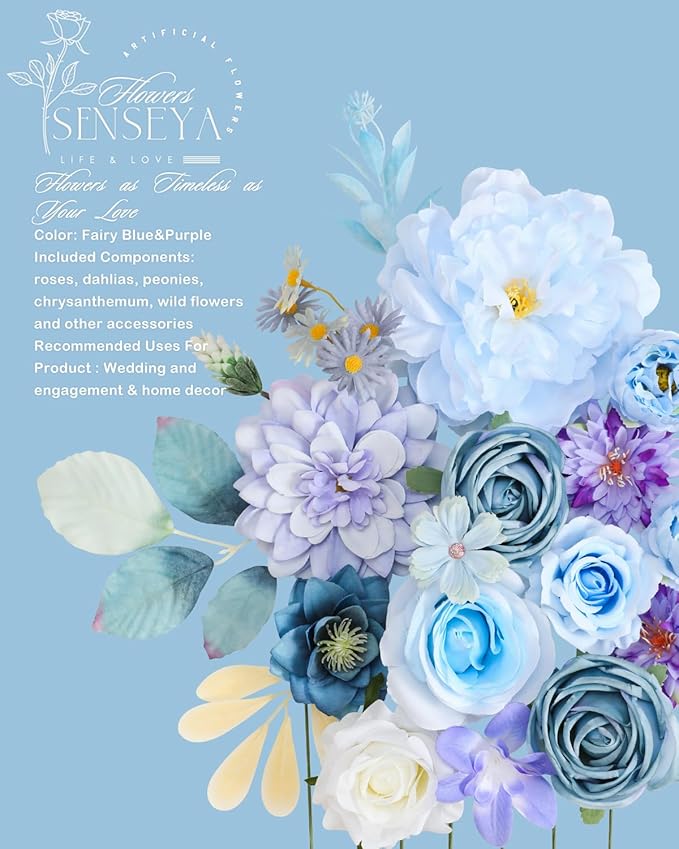 Senseya Artificial Flowers Combo, Blue Purple Silk Roses, Peonies, Dahlias with Stems for DIY Wedding Bouquets, Baby Shower, Table Centerpieces, Home Decor, Fake Floral Arrangements, Party Decorations