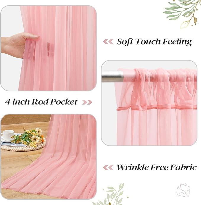 10ft x 8ft Dusty Rose Backdrop Curtain with Lights String for Parties, Sheer Tulle Wedding Photo Backdrops Drapes for Baby Shower Birthday Party Decorations Background for Photography