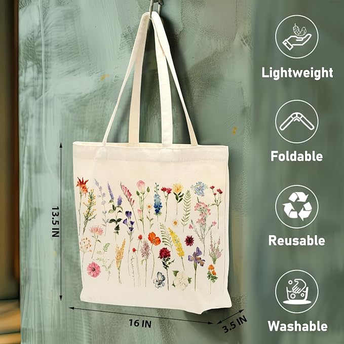 Aesthetic Floral Canvas Tote Bag for Women with Pocket, Tote Bags for Grocery Shopping Work Gym Christmas Birthday