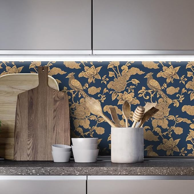 Vintage Birds and Flowers Wallpaper,17.71" x 118.1" Removable Peel and Stick Wallpaper Decorative Self-Adhesive Contact Paper for Living Room Bedroom Washroom Cabinet Wall