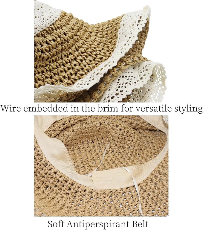 Ladies Wide Brim Beach Straw Hat Summer Vacation Sun Protection Hat Braided Lace Edge Hat Soft Foldable Lightweight