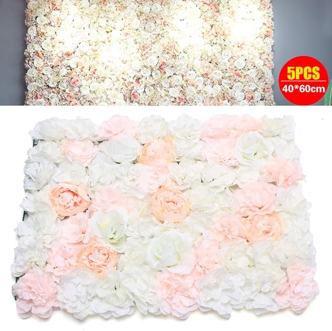 5 PCS Artificial Flowers Wall Decoration 24" x 16" Decorative Hydrangea Flower Panels Flower Wall for Home Party Wedding Christmas Festival Photo Backgdrop Decor (5 PCS, Champagne+Pink+White)