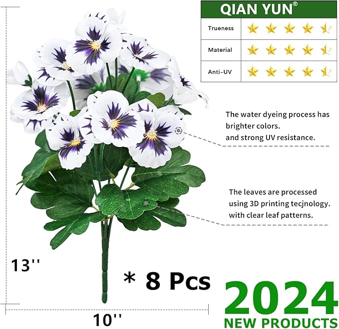 QIANYUN Fake Flowers Pansy Small Wild Flower Daisy Faux Plastic Purple Flowers for Home Wedding Kitchen Garden Table Centerpieces Indoor Outdoor Decor (8PCS,White)
