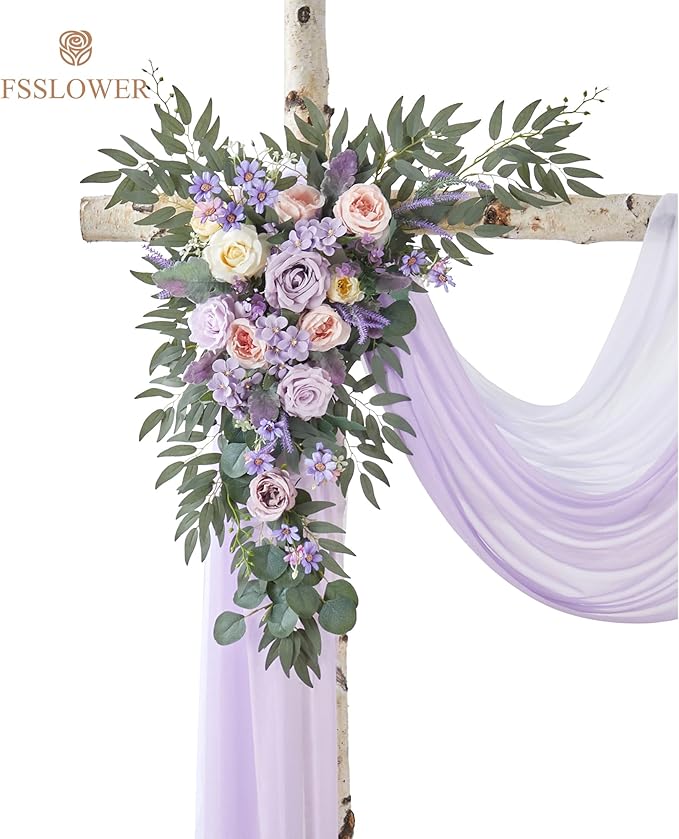 Wedding Arch Flowers with Drapes Kit (Pack of 4) - 2pcs Artificial Lilac Deluxe Swag with 2pcs Sheer Drapes for Wedding Ceremony Backdrop Rose Floral Decoration Arbor Reception