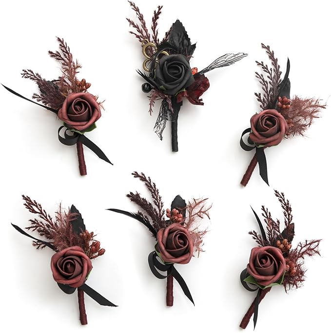 Ling's Moment Boutonniere for Men Wedding,Set of 6 , Groom and Groomsmen Boutonniere for Wedding Homecoming Halloween Ceremony Anniversary, Dinner Party, Prom Flowers and Fall Vintage Wedding