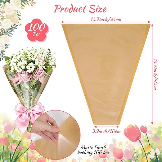 100 Pcs Floral Wrapping Paper Flower Bags for Bouquets Krafts with Transparent Window Flower Sleeves for Wedding Valentine Birthday Mother’s Day (15.8" x 13.8")